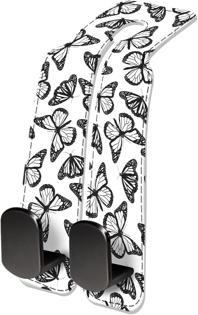 NUGGHU Car Seat Headrest Hook, Universal Leather Cute Hanger Holder Hook, Storage Organizer Interior Accessories for Purse Bags Handbag Black White Cute Butterfly