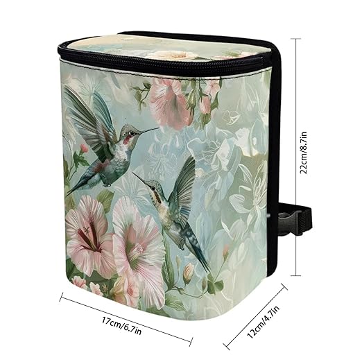 Flower Hummingbird Pattern Automotive Garbage Can Bin with Lid,Washable Car Trash Can for Travel，Cars，Universal Fit Hippie Car Accessory Interior Set