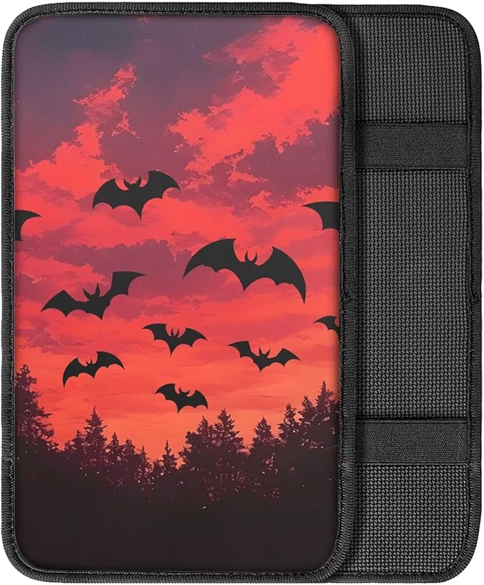 Mintutlipy Sunset Halloween Bat Car Center Console Cover Car Storage Box Mat Car Interior Accessories Easy to Install Clean Compatible with Most Cars