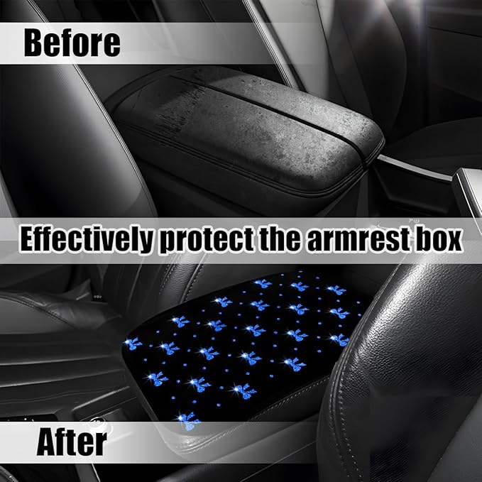 Car Center Console Cover, Waterproof Leather Bow Ribbon Vehicle Arm Rest Pad, Comfortable Automotive Interior Seat Box Armrest Protection Cushion Accessories, Universal Fit (Blue)