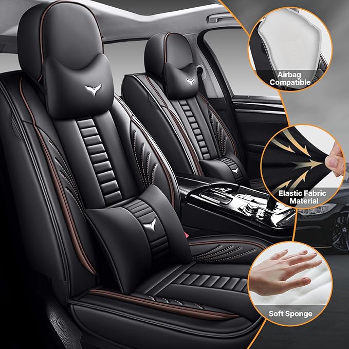 Pengchen Full Set of Universal Fit Automotive Seat Covers fit for Honda Crosstour 2012-2015, PU Leather Automobile Interior Sets with Headrest & Back Pillow Black & Coffee Line