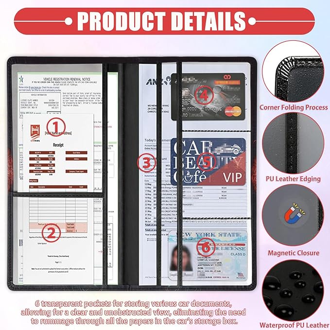 Car Document Holder with Magnetic Shut, Car Registration & Insurance Card Holder, Waterproof PU Leather Glove Box Organizer Vehicle Accessories Driver License for Women/Men, Red Dragon Skull