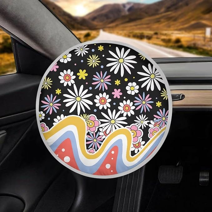 Groovy Hippie Flower Pattern Steering Wheel Sunshade Cover Fit Most Truck Van Car SUV Steering Wheel UV Reflector Shade Cover Sun Protection Car Interior Accessories