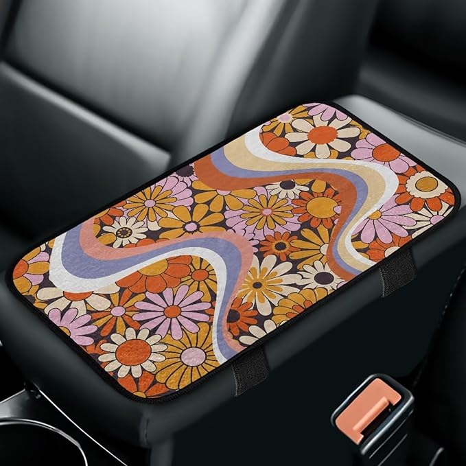Bulopur Orange Daisy Armrest Cover Car 12.01 x 7.28 Inch Armrest Console Cover Car Center Console Cushion Pad Flannel Protector Vehicle Armrest Cover Vehicle Accessories