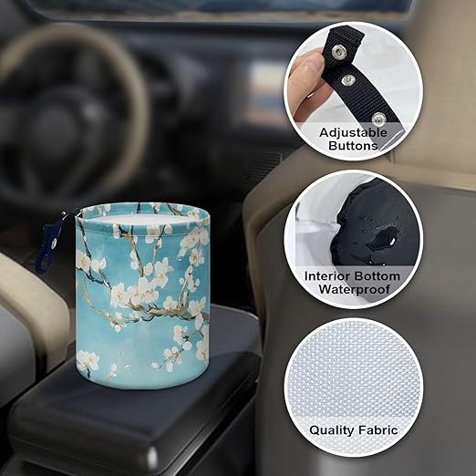 Flower Car Garbage Can Small Trash Can with Leak Proof Inside Liner And Hanging Strap Car Organizer Portable Car Essentials