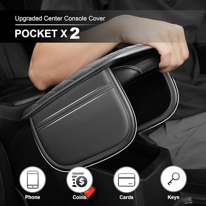 Upgraded Car Center Console Cover Fit for RAV4 Faux Leather Car Armrest Cover Cushion with 2 Storage Bags,Car Armrest Storage Box Interior Accessories(Grey&Whiteline)