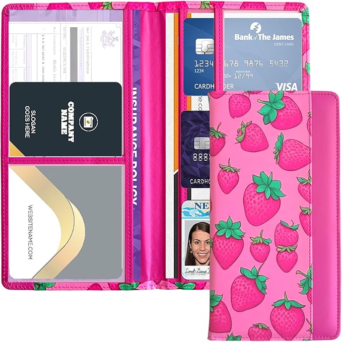 FinestHouse Car Registration and Insurance Holder with Magnetic Closure, Universal Document Organizer for License, Insurance Cards & Glove Box Storage (Strawberry-Hot Pink)