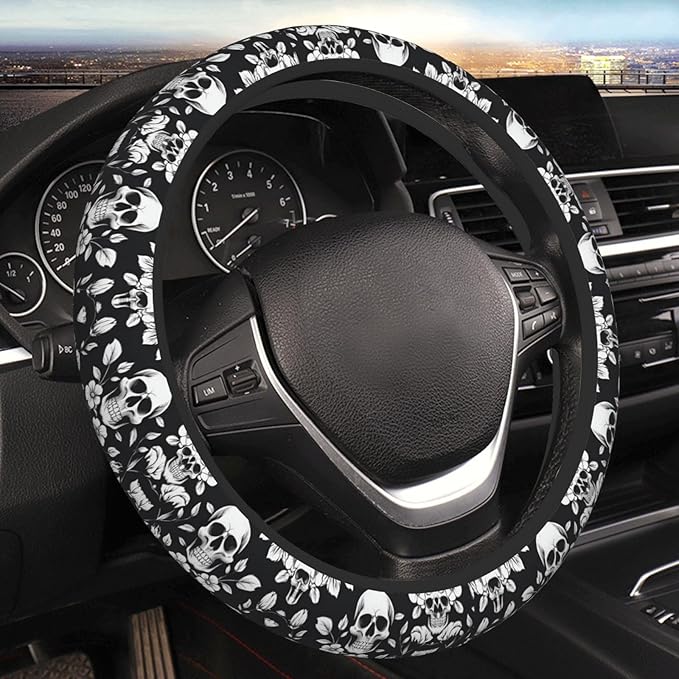 Skull-Damasks Car Steering Wheel Cover, 15 Inch Steering Wheel Cover Stylish Decor for Most Cars
