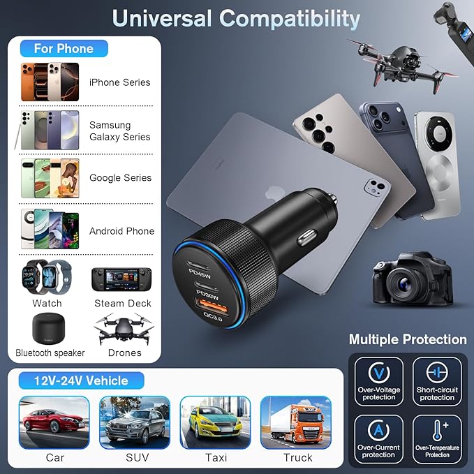 USB C Car Charger 5-Pack,93W 3-Port Dual USB-C & USB-A Fast Charge Cigarette Lighter USB Charger with PD+QC 3.0, Car Phone Adapter Accessories for iPhone 17/16/15 Pro Max,Samsung Galaxy S25/S24,iPad