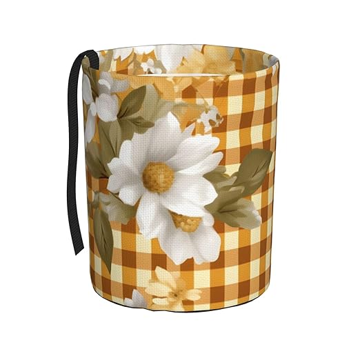 Car Trash Can Hanging, Yellow Checkered Daisy Waterproof Auto Garbage Bin Universal Vehicle Waste Container, 3.5L Capacity