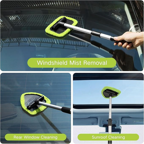 10pcs Windshield Cleaner Tool, Car Window Cleaning Wash Kit with 4 Reusable Microfiber Pads 1 Spray Bottle and Extendable Handle Auto Glass Wiper Kit, Blue&Green