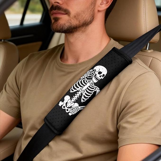 Qeluxign Funny Skeleton Automotive Seat Covers 5 Piece Universal Fit Car Accessories with Soft 2 Pack Seat Belt Cover Pads and Center Console Armrest Covers for SUV Truck Interior Set