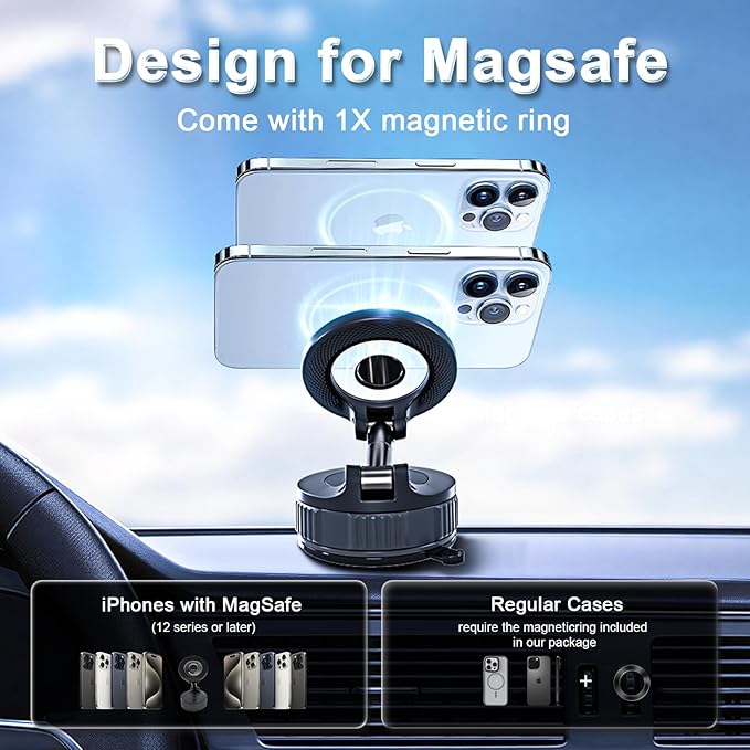 RainChic Magnetic Car Phone Holder for MagSafe, 120+ LB Suction Cup & 2800gf Magnetic Force, 360° Adjustable Mount for iPhone Pro Max/Plus & MagSafe-Compatible Android Phones (CHH12)