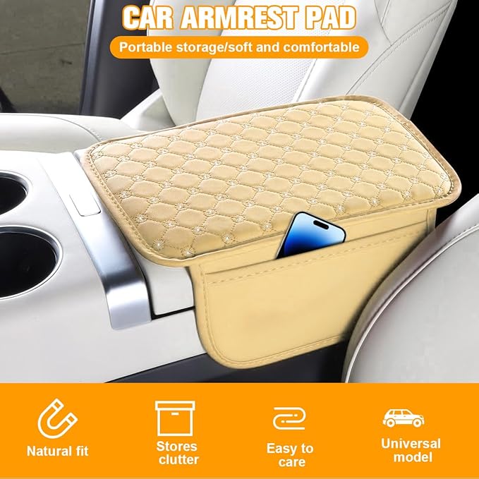 Bling Car Center Console Cover, Leather Crystal Rhinestone Vehicle Armrest Cushion Pad with Side Storage Bags, Scratch Resistant Auto Middle Console Protection Mat, Universal Fit (Beige)