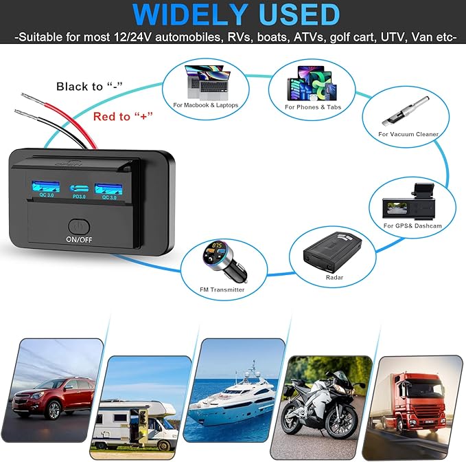 4PCS 3 Ports 12V RV USB Outlet 72W, Gibbab Dual USB QC3.0 36W & PD3.0 Type-C Quick Charge 36W Panel Wall Mount, Automotive Car USB Socket Charger Adapter for RV Marine Boat Bus ATV Motorcycle Truck