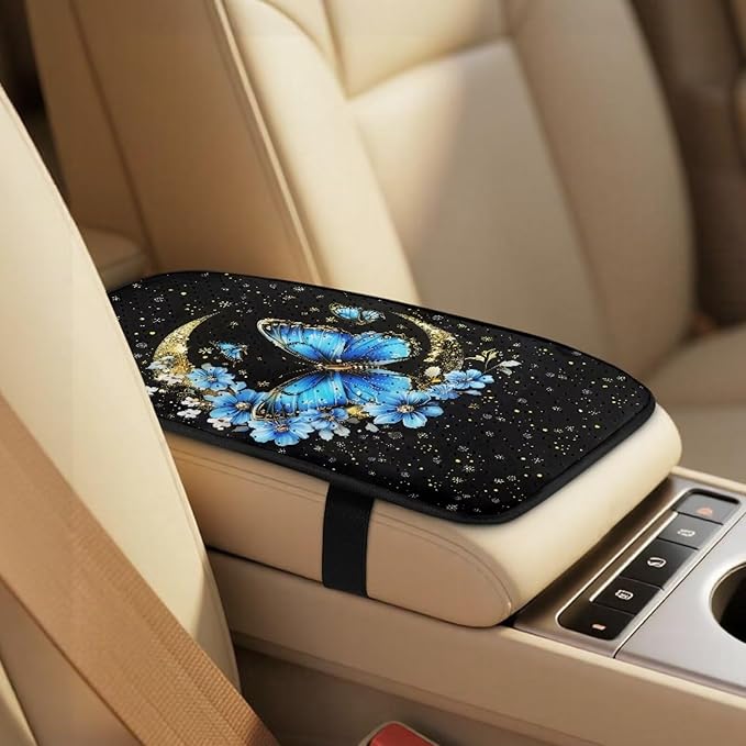 Qeluxign 5 Piece Car Accessories Set with 2 PU Leather Seat Covers, Butterfly Moon Star Floral 2 Belt Pads & 1 Armrest Cover Fit for Most Vehicles Easy Install & Clean