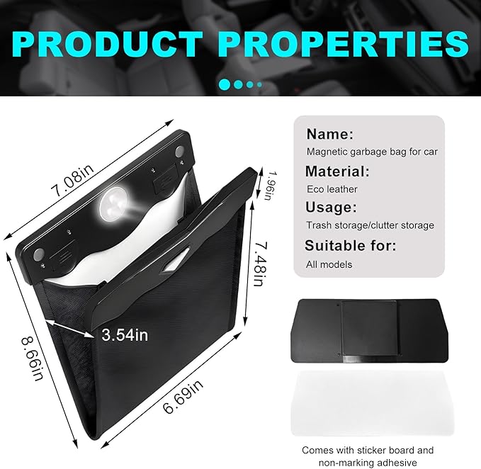 Car Hanging Trash Can, Magnetic Closure LED Light Auto Trash Bag Storage Pocket, Collapsible Waterproof Leather Hanging Trash Can with Disposable Trash Bag, Car Accessories (Black)