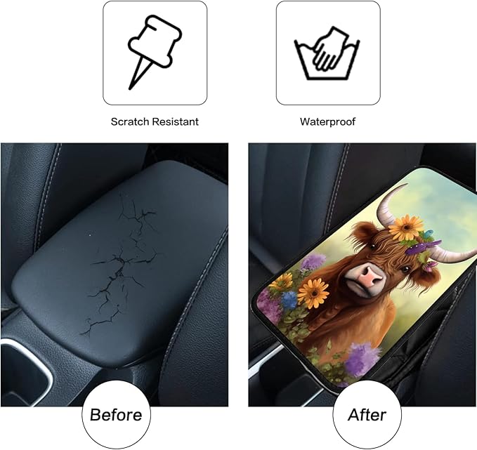 JANENFNA Car Armrest Cover Pads Universal Fashion Cute Auto Center Console Armrest Cover Pad with 2PCS Car Coasters Soft Waterproof Car Armrest Seat Protector for Women,Flowers Cow