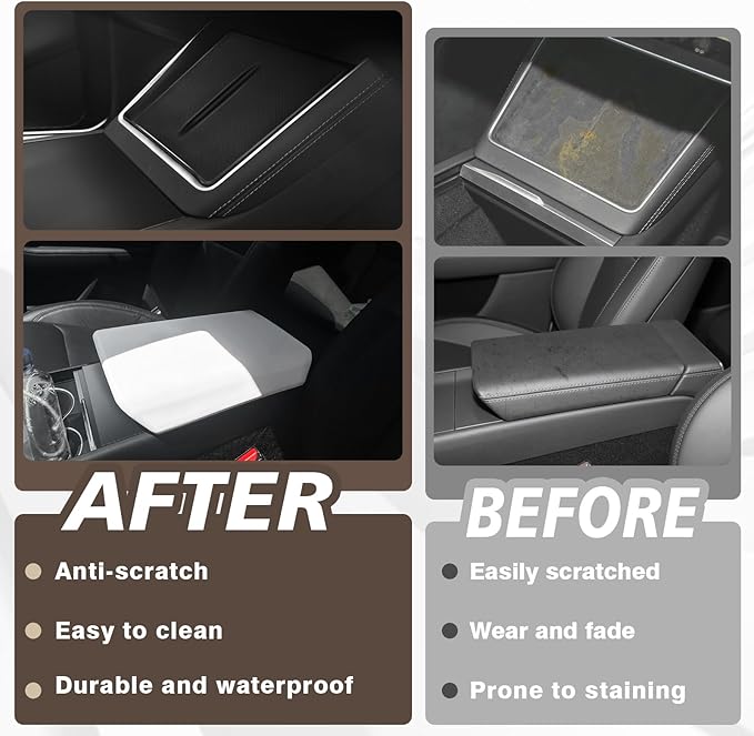Muslogy Compatible with 2026+ Model Y Juniper Refresh Accessories Armrest Cover Protection TPE (White) & Silicone Mat OEM Style 2PCS Set Non-Slip Waterproof Designed with EZ Snap On