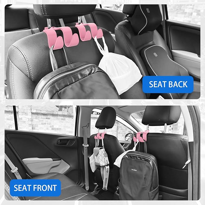 Car Headrest Hooks, Upgraded 2 in 1 Car Storage Headrest Hanger Holder Hooks Organizer, Universal Vehicle Backseat Hanger Interior Accessories for Handbag Purse and Bag Pink 2 Pack (CH06-Pink)