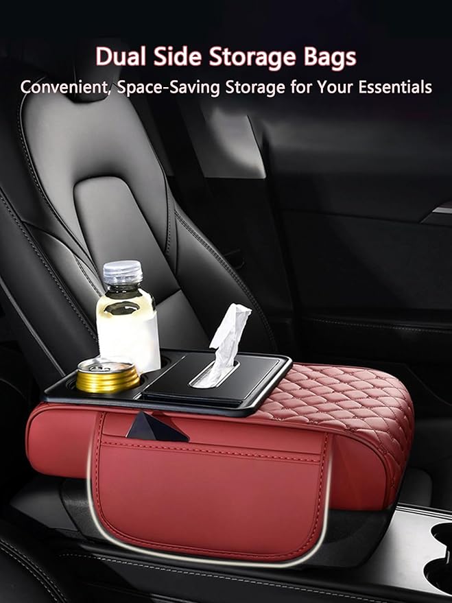 Car Center Console Cover for Lucid Gravity – 5-in-1 Leather Armrest Cushion Pad with 2 Storage Bags, Holds Cups, Phone, Tissues, Car Interior Accessory,C Red
