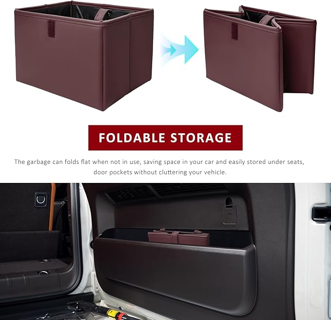 Car Trash Bin, Foldable Leather Auto Rubbish Can with Reinforced Bottom & Trash Bags, Waterproof Hanging Garbage Can Backseat Storage Box for Most Vehicles, Car Accessories (Brown)