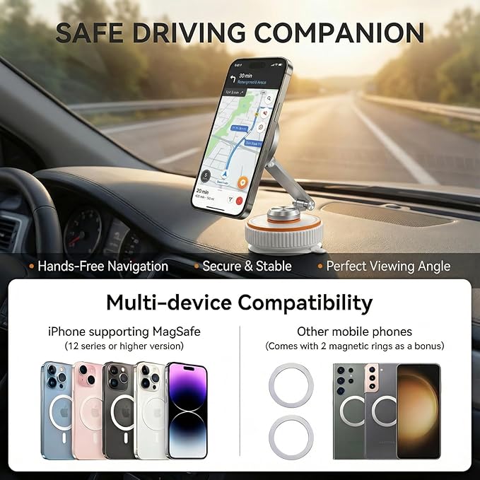 makecatch Vacuum Magnetic Car Phone Mount, 120+ LB Vacuum Suction & 3000gf Magnetic Force, 360° Triple-Axis Adjustable Car Holder for iPhone & All Phones, Twist-Lock Suction Cup, Quick-Release – White