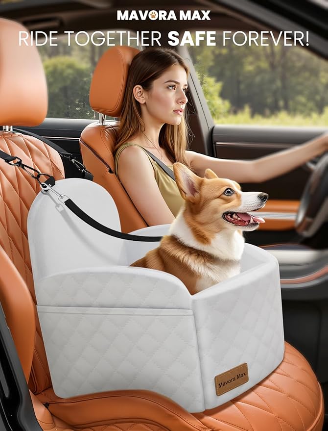 Mavora Max Dog Car Seat for Small/Medium Dogs, Elevated Dog Booster Seat Memory Foam Puppy Car Seat with Washable Cover, Travel Safety Pet Seat for Car with Storage Pockets Up to 35 lbs (White)