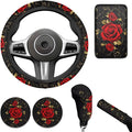 Red Rose 6pcs Car Steering Wheel Cover Set Flower Print Cup Coaster Handbrake Gear Cover Car Interior Accessories Fit Vans Trucks,SUV