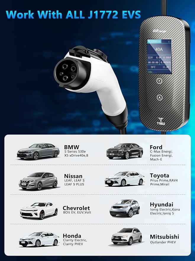 2025 New Portable Level 2 EV Charger (40Amp, 240V, NEMA 14-50P) with 23 Ft Cable. The Mobile Electric Vehicle Equipment Works Home Car Charging, Offering Charging for EV Model