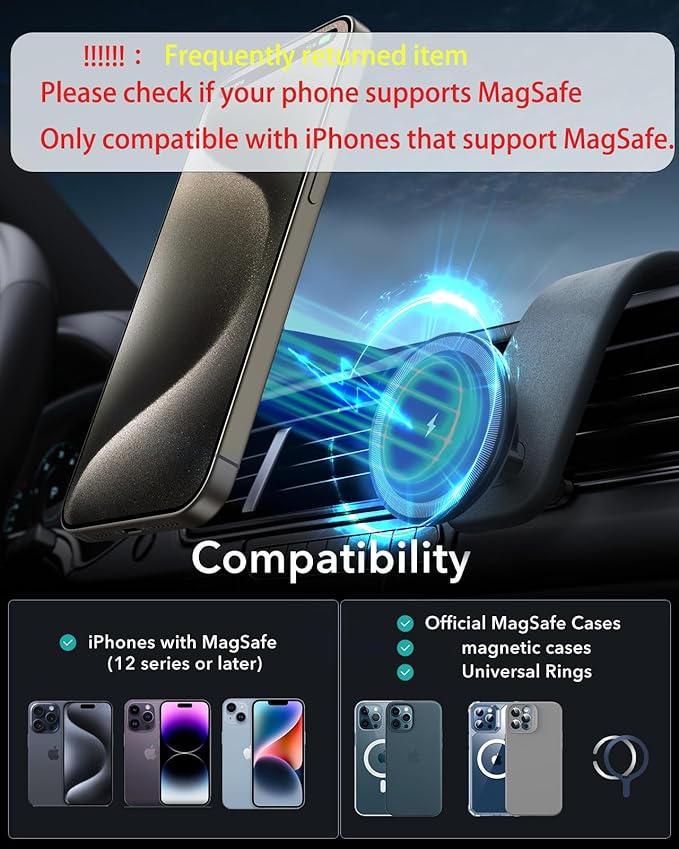 15W for MagSafe Car Mount Charger: Relocatable Car Phone Mount with 360° Adjustable Aluminum Arm , for Car Phone Mount Charger Dashboard/Windscreen/Vent Fit,Magnetic Phone Holder for car