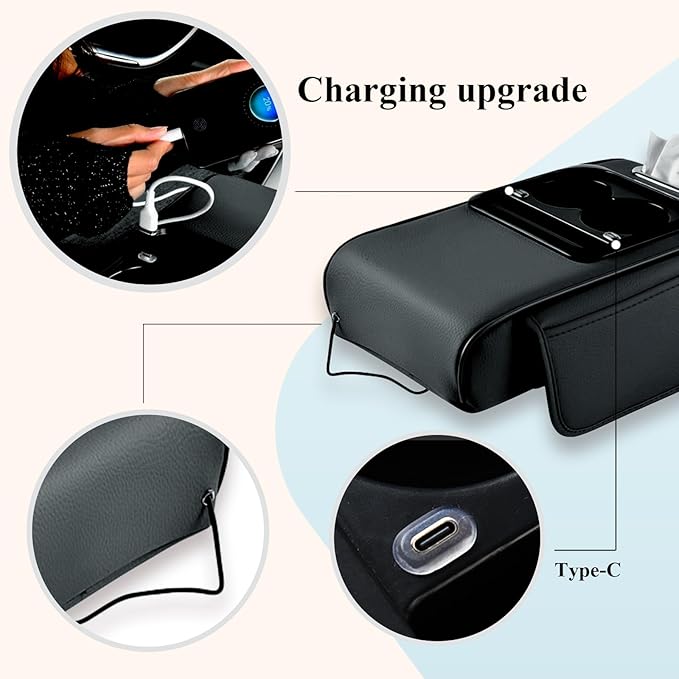 Car arm Rest Cover Pad (Upgraded Type-C), 5-in-1 Center Console Cover with Cup Holder, Tissue Box Slot, Mobile Phone Storage Slot, Suitable for Most Car Console Organizer , 13.8''x7.1''x3.0'', (Black)