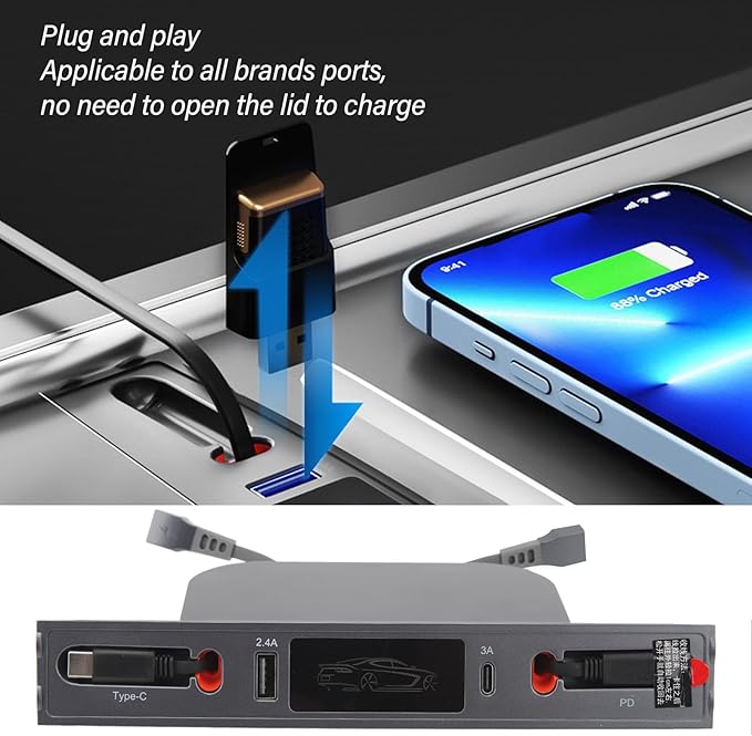 Astibym Car USB Hub 27W Fast Charging with 2 Cables Center Console Docking Station Replacement for Tesla Model 3 Y 2021 to 2023