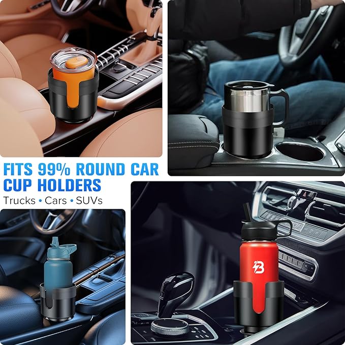 Car Cup Holder Expander, Automotive Cup Holders for Car with Adjustable Base and Rubber Pad, Fits Most Bottles 20-40 oz (3.4"–3.8" Diameter), Black