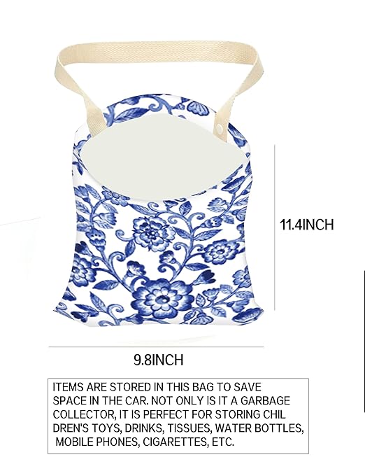 ANKVRP Car Trash Can, Durable Hanging Car Trash Garbage Bag, Cute Automotive Garbage Cans Organizer, Cute Blue Porcelain Floral