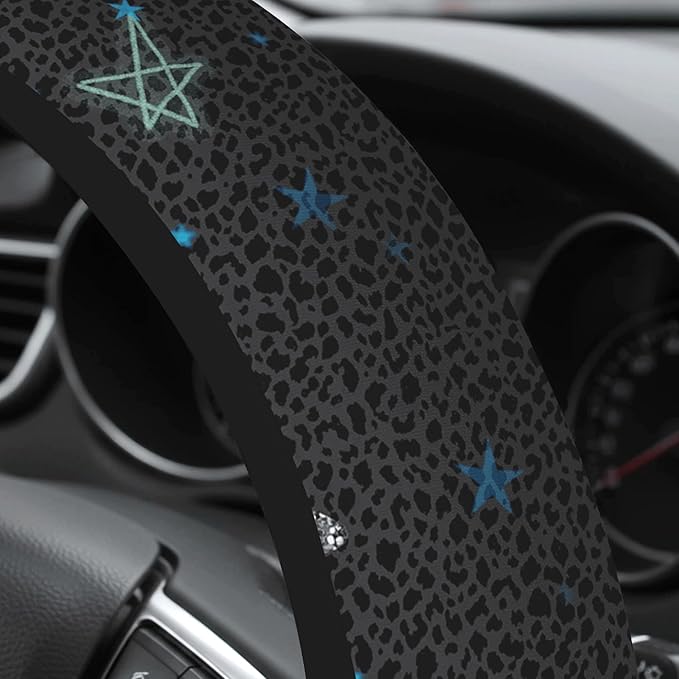 Cute Steering Wheel Cover for Women, Machine Washable Universal 14.5-15.5 inch Non-Slip Grip All Weather Use (Gray Leopard Stars)