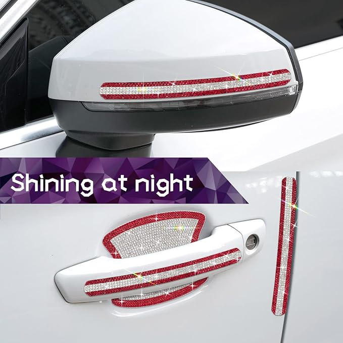 Gengki 10PCS Set Car Door Handle Bling Rhinestones Stickers Universal Auto Door Handle Safety Reflective Strips Red White