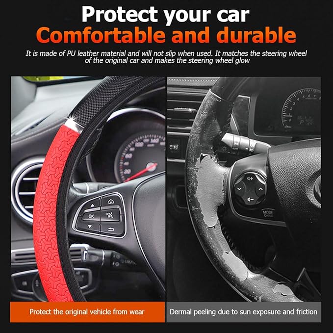 Car Steering Wheel Cover, PU Leather Elastic Vehicle Steering Wheel Protector, 14.5-15 Inches Non Slip Automotive Interior Steering Wheel Accessories, Universal Fit (Red)