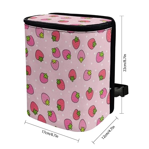 Pink Strawberry Car Trash Can with Lid - Collapsible Waterproof Garage Bag, Reusable Hanging Cute Automotive Garbage Bin, Adjustable Strap, Interior Organizer