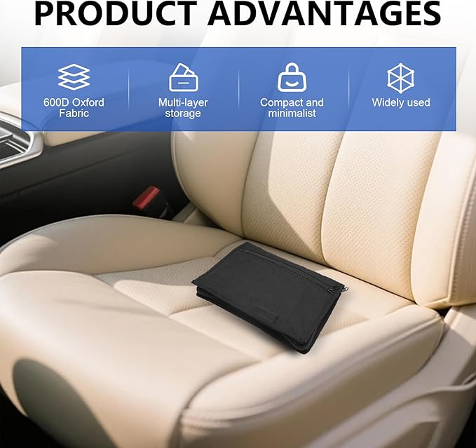 Glove Box Compartment Organizer, Car Registration and Insurance Holder, Oxford Cloth Multi-Pocket Portable Document Case with Smooth Zipper for Auto License Card (Black)