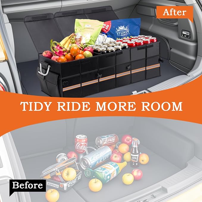 Heavy-Duty Extra Large 100L Premium Foldable Car Trunk Organizer with Lid + 26L Cooler Bag, Waterproof Robust Durable 1680D Oxford & Multi-Compartment Collapsible for SUV, Truck, Van, Sedan (Black)