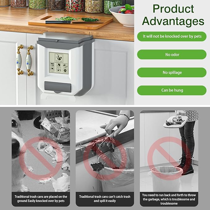 HI NINGER Small Trash Can with Lid, Grey White, 2.4 Gallon, Collapsible, Odor Seal, Kitchen Compost Bin, Hanging, Portable, Indoor