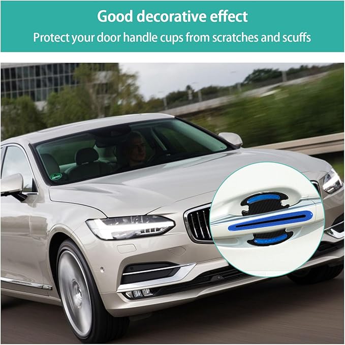 Augeny 8 PCS Car Door Handle Protector Reflective Stickers, Universal 3D Carbon Fiber Auto Door Handle Paint Guard, Anti-Scratch Car Door Bowl Protective Film for Most Cars (Blue)
