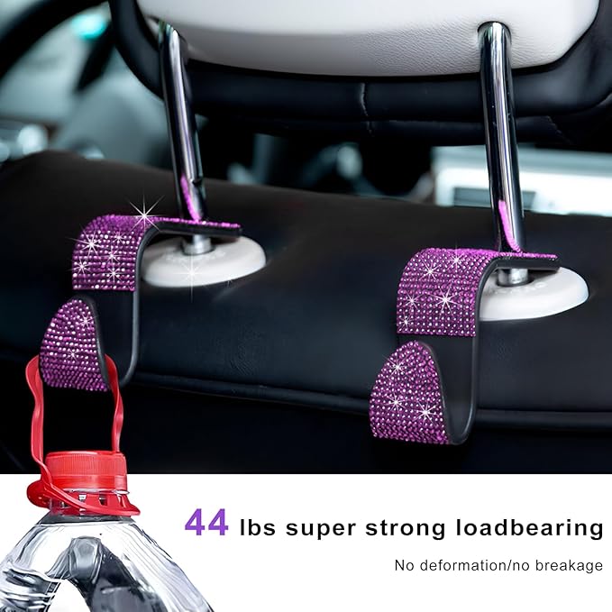 4 PCS Car Seat Headrest Hooks, Bling Crystal Rhinestone Back Seat Hanger Storage Organizer, Sparkly Seatback Holder Hooks for Purse and Bags Universal For Most Vehicles (Pink)