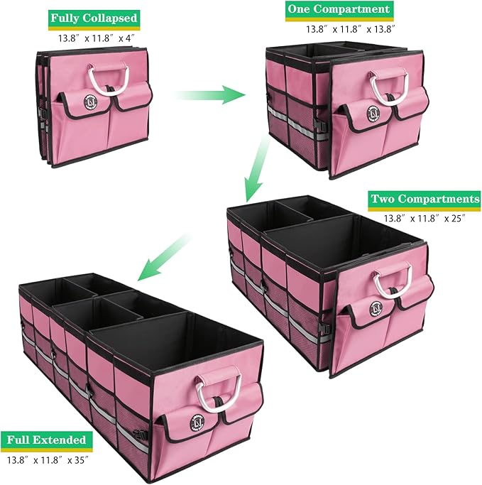 LI LIBZAKI Big Car Trunk Organizer, Cargo Organizer SUV Trunk Storage Non Slip Bottom Waterproof Collapsible Durable Multi Compartments-(Oversize,Pink)