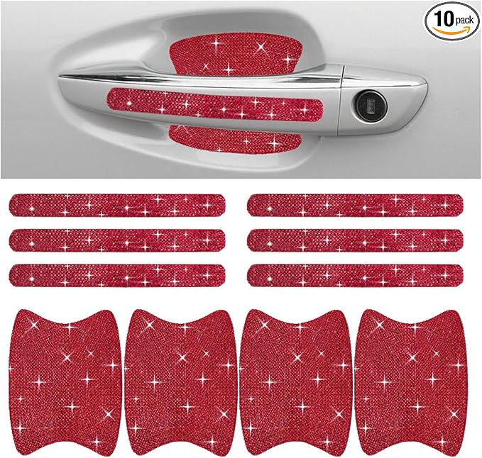 10PCS Bling Car Door Handle Anti-Scratch Sticker, Universal Car Doors Handles Protective Cover, Shiny Rhinestone Auto Decor Accessories for Women (Red)