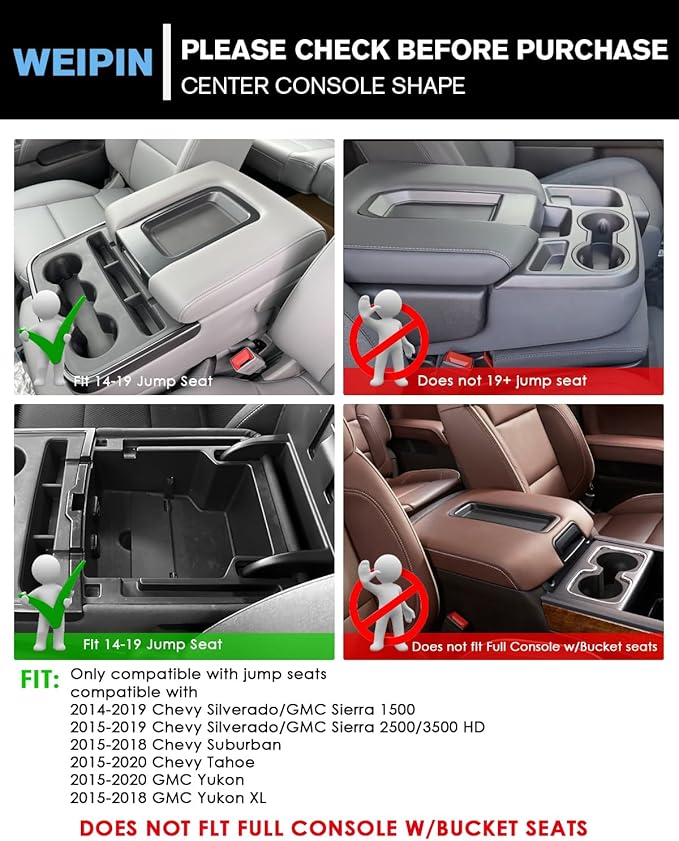 For 2PCS Center Console Upper&Lower Armrest Organizer ABS Materials Compatible with 2014–2019 Chevy Silverado/GMC Sierra 1500&2015–2019 Silverado/Sierra 2500HD/3500HD - Split-Bench Folding Seat