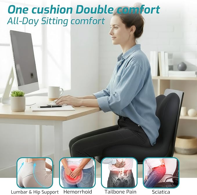 XZdream Memory Foam Seat Cushion,Office Chair Cushion with Lumbar Support for Back Pressure Relief,Sciatica,Car Seat Cushion with Adjustable Strap,Hip Pad Cushions for Car,Truck,Desk (D-Black)