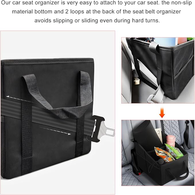 Car Passenger Seat Organizer, Collapsible Oxford Fabric Car Organizer with Partitions & 2 Cup Holders, Multi-Purpose Large Capacity Storage Box for Front & Back Seats