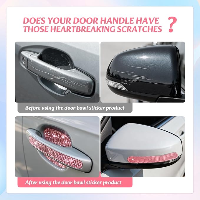 10PCS Bling Car Door Handle Protectors, 4 Door Bowl Stickers + 6 Handle Strips, Crystal Rhinestone Anti-Scratch Car Accessories, Sparkling Auto Decor Decals, Universal for SUV Sedan Truck (Pink)